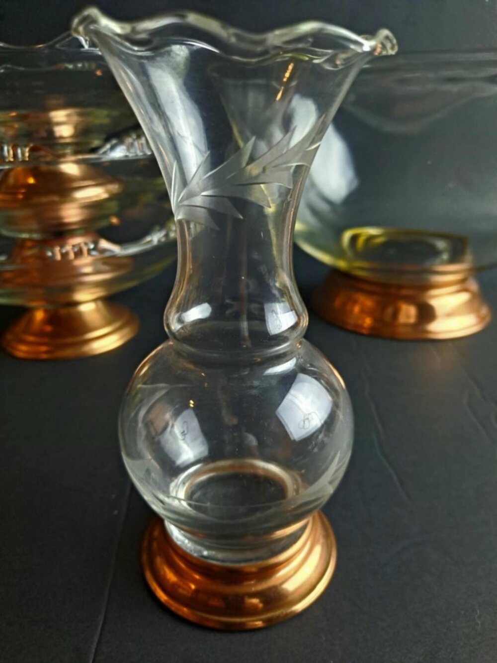 Vintage Princess House Floral Etched Crystal Copper Bottom Fluted Bud Vase | 3"